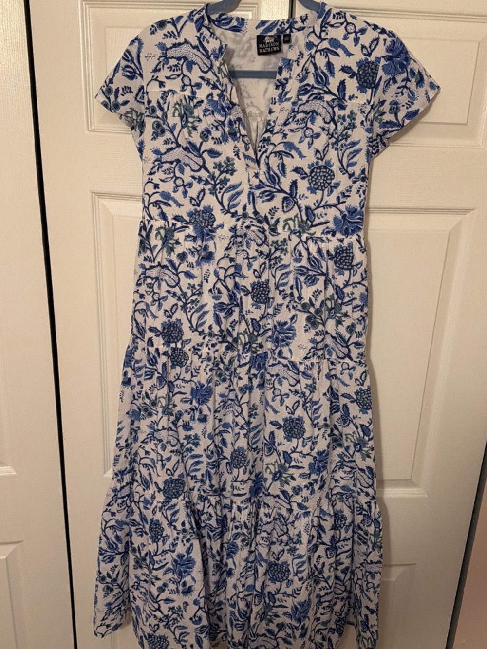 Madison Mathews blue and white dress
